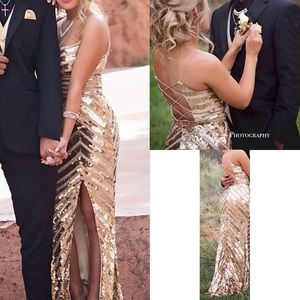 Gold sequin Sherri Hill prom dress.